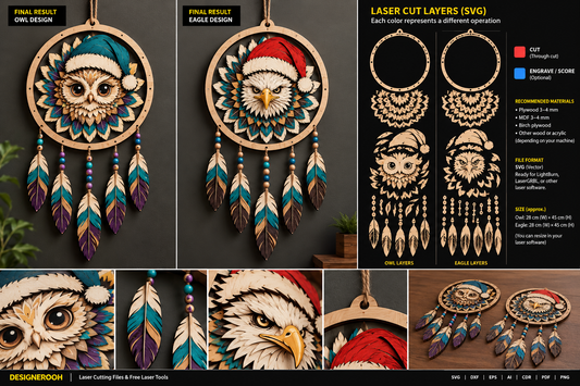 Christmas Animal Dreamcatcher Laser Cut File – Multi-Layer Owl &amp; Eagle SVG