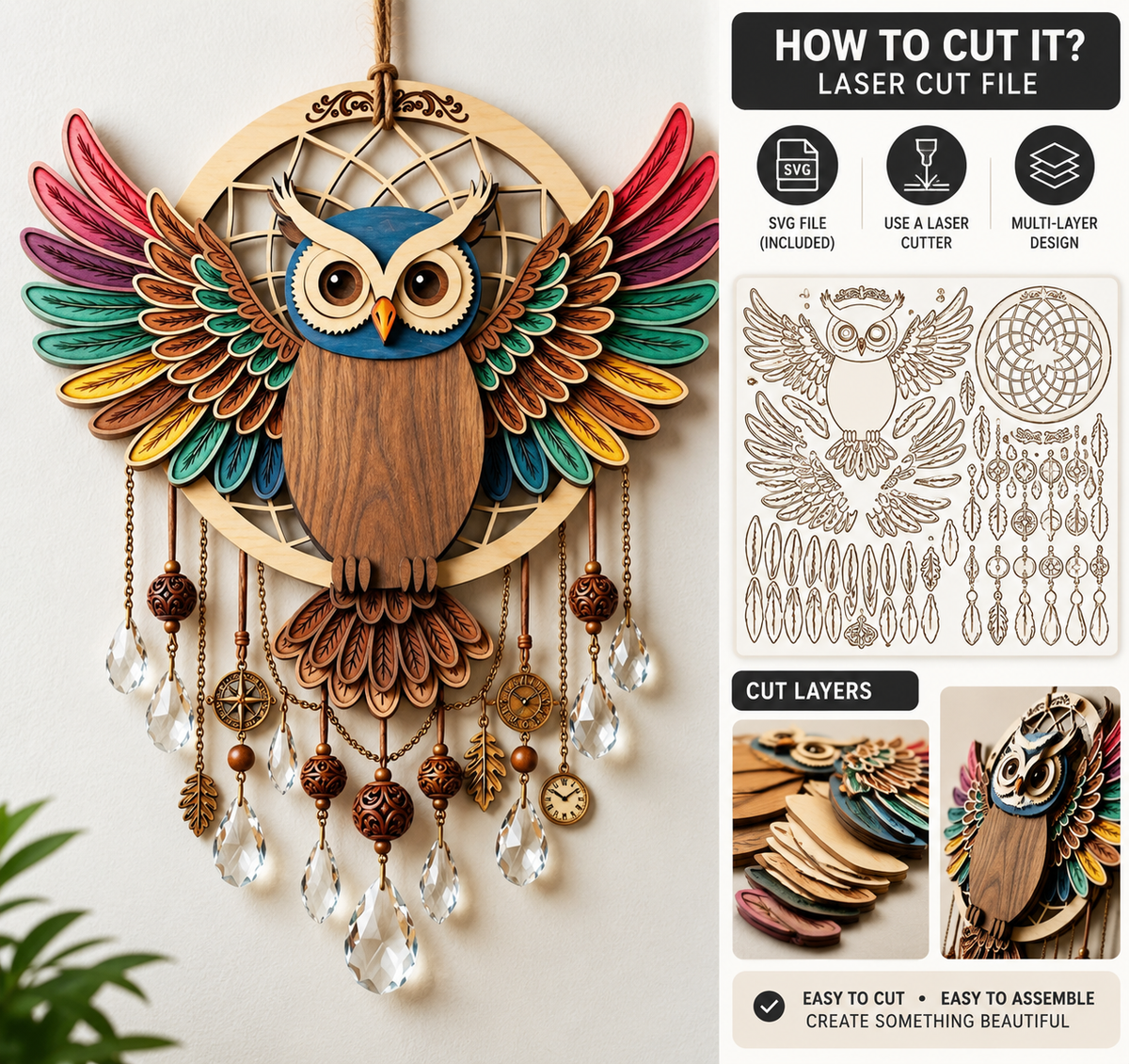 Owl Dreamcatcher Layered Laser Cut File – Multi-Layer Owl SVG &amp; DXF
