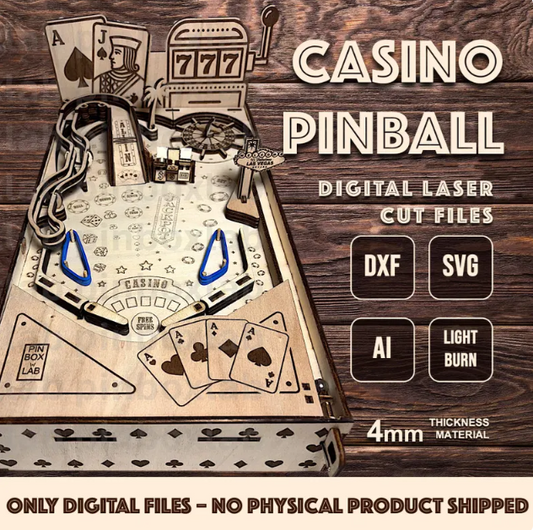 🎰 Casino Pinball Machine – Fully Functional with Spinning Roulette & Slot Reel – Laser Cut Files (DXF, SVG, AI, LightBurn) – 4mm