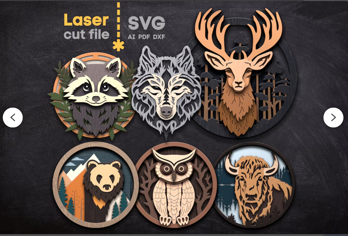 Forest Animals SVG Bundle. Laser cut file for Glowforge, Wolf Raccoon Panda Owl Bison Deer Round Signs, Svg Dxf Ai Pdf Cdr