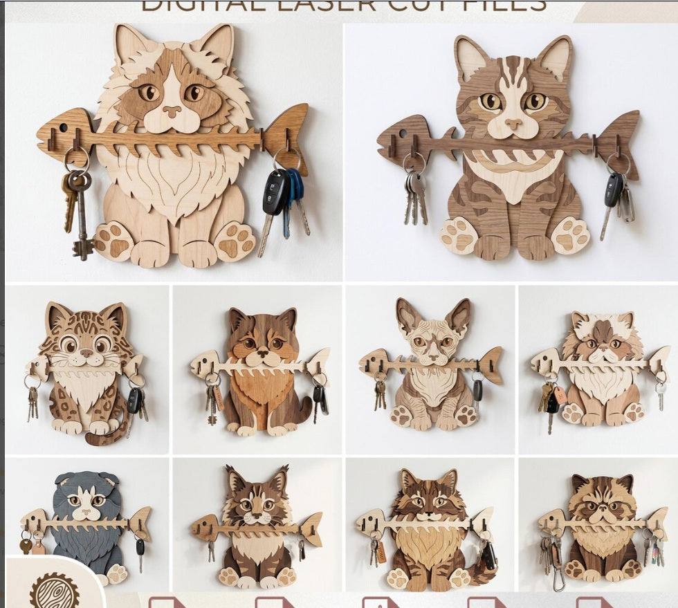 3D Cat Key Holder Laser Cut Files – Cat Breed Bundle