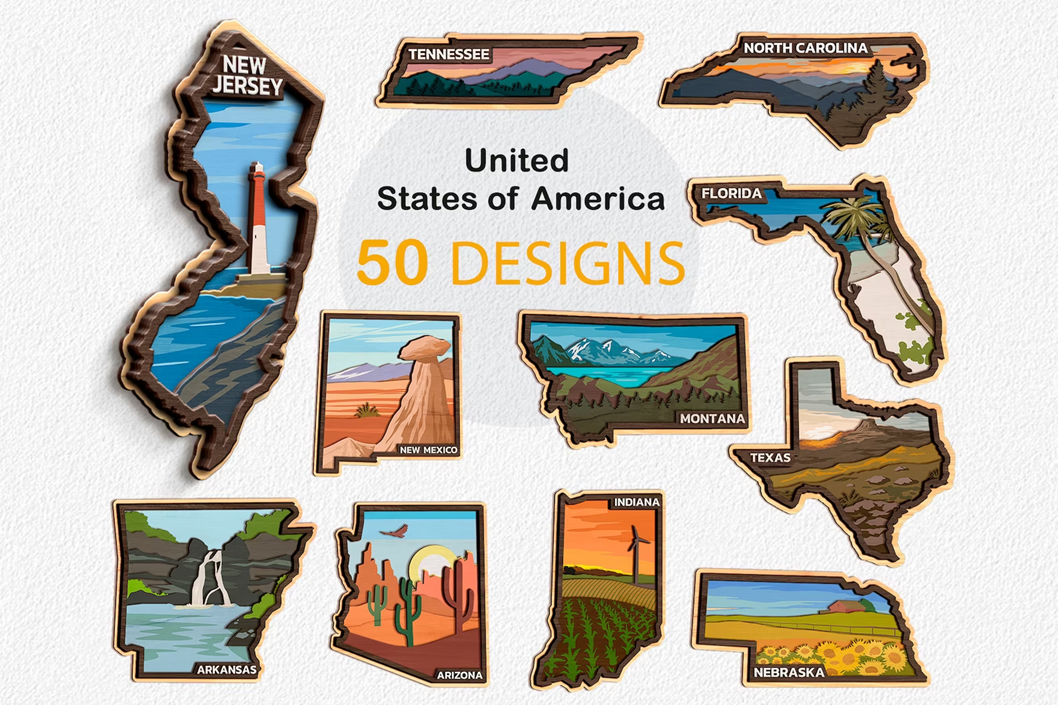 3D Bundle of the United States, 50 American States, Laser Cut File, United States Map "Home Sweet Home